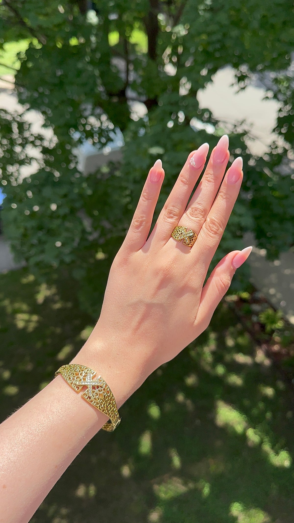 Duo bracelet & bague à touche arabesque avec pierre zircon
